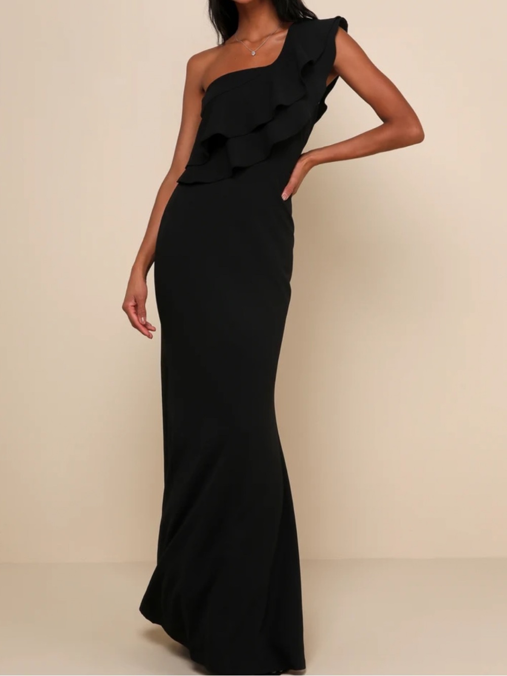 Lulu's Black Grand Beauty One-Shoulder Ruffle Maxi Dress